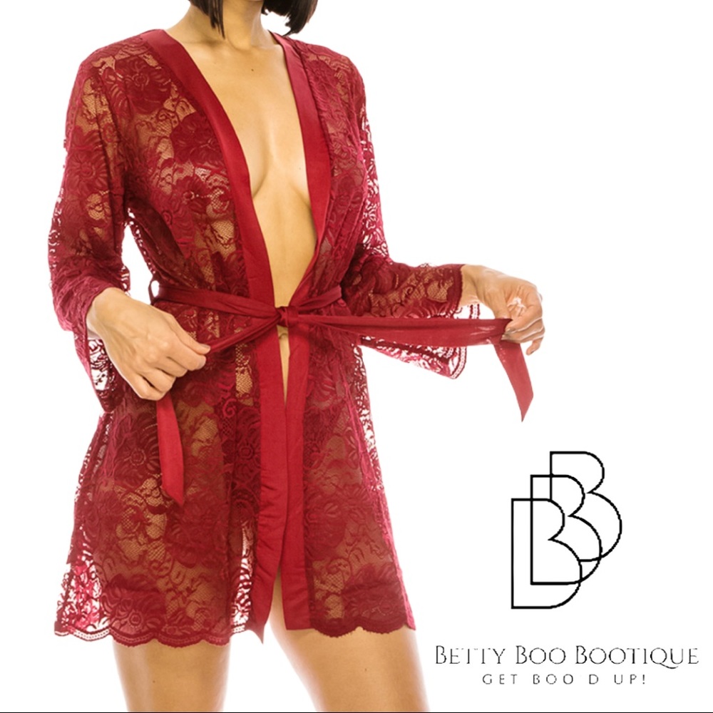 Lacy Beet Red Floral Lace Belted Robe w/Panty NEW!